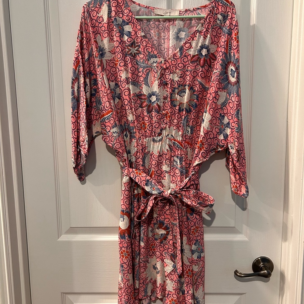 LOFT Red and Blue Patterned Midi Dress